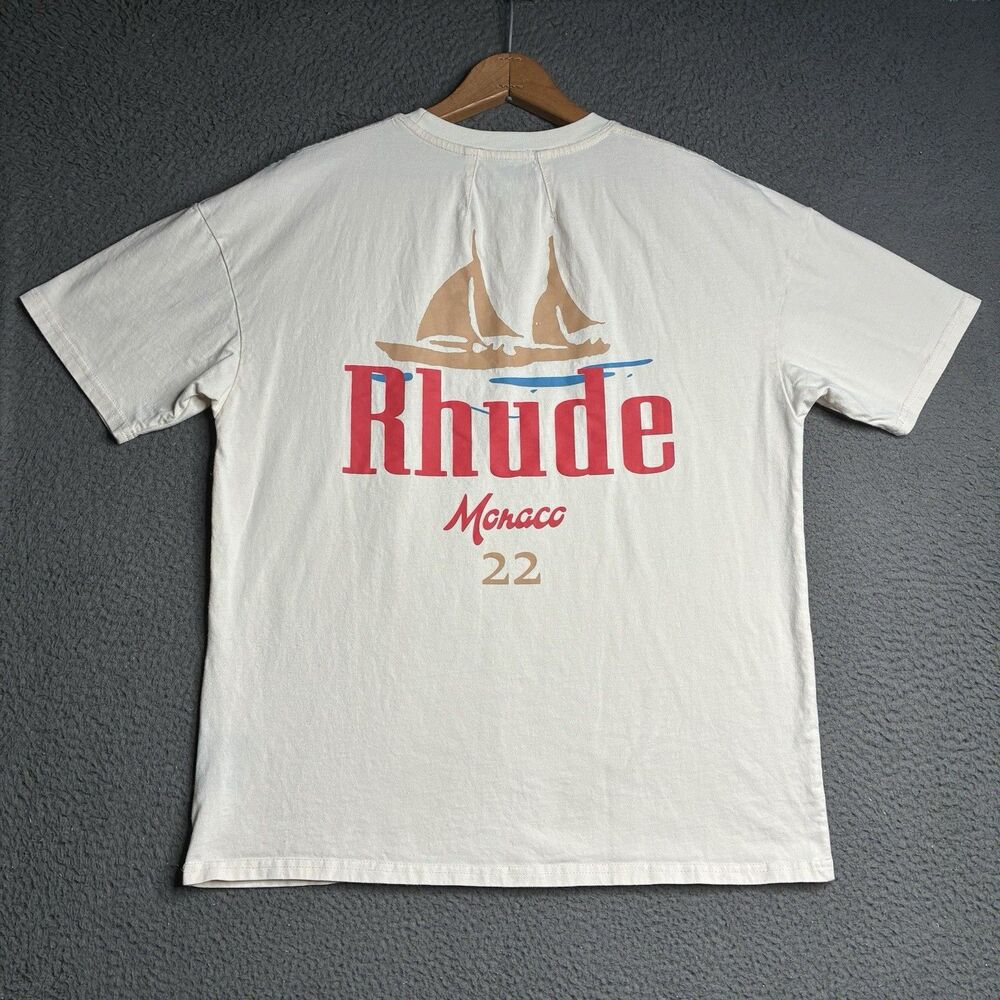 Rhude Men’s T Shirt Monaco 22 Small Sail Boats Cream Beige Ivory Made In USA